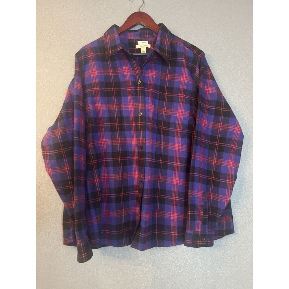 LL Bean Women’s 3X Relaxed Fit Plaid Flannel Shirt Purple Pink Button Front